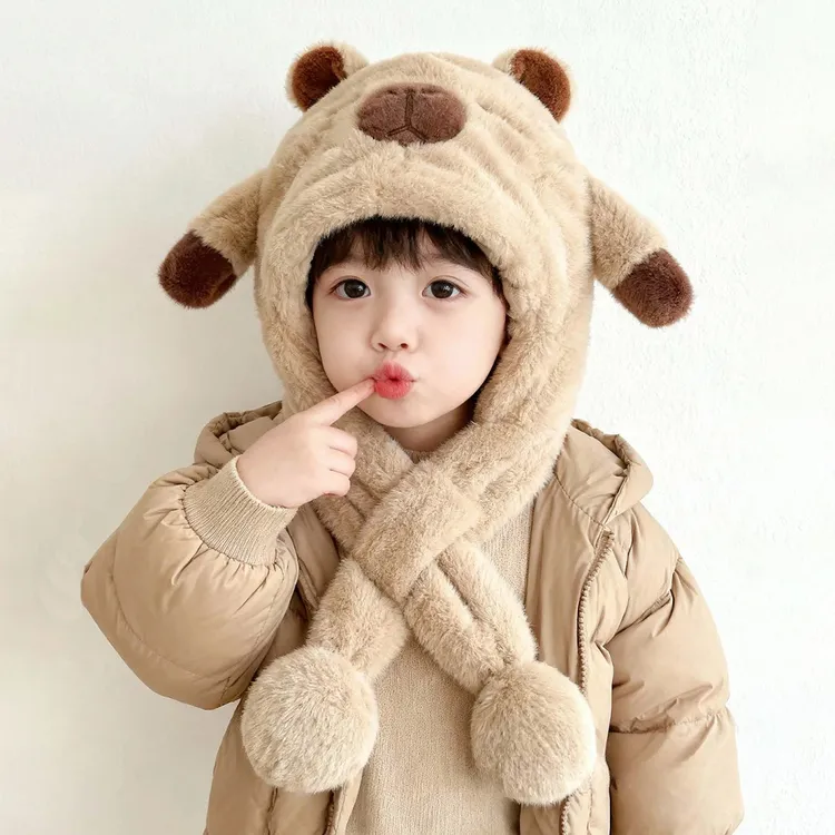 儿童帽子冬季男孩卡皮巴拉耳朵会动毛绒帽男女宝宝防风围脖一体帽