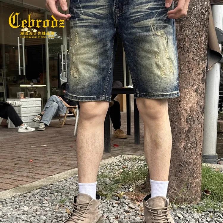 法国Cebrodz潮流男士夏季男中裤五分裤破洞ins修身痞帅牛仔休闲短