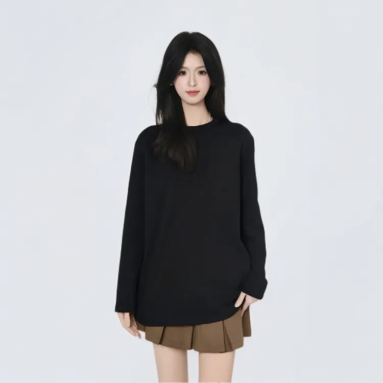 阿玛施秋季简约时尚百搭打底休闲风纯棉舒适圆领长袖t恤女530189