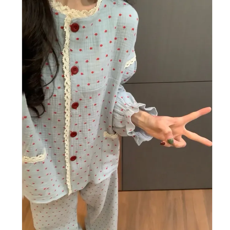 韩系波点女士家居服复古设计感印花棉纱睡衣女春秋款新款纯棉套装