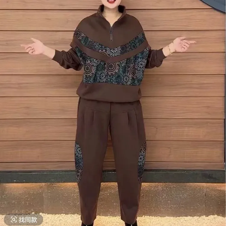 2025秋季新款时尚妈妈韩系两件套高档弹力大码减龄卫衣宽松裤套装