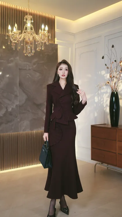 罗曼定制  原创设计秋冬长袖时尚法式轻奢毛呢呢子套装+半身裙