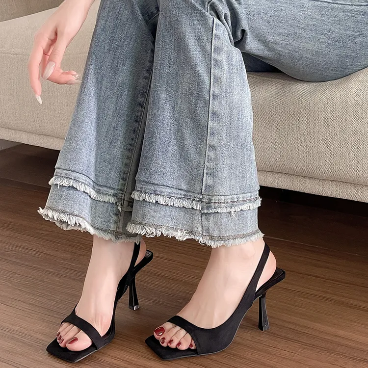 小众高跟鞋黑色波点法式露趾后空凉鞋仙女风女鞋新品夏季配裙子