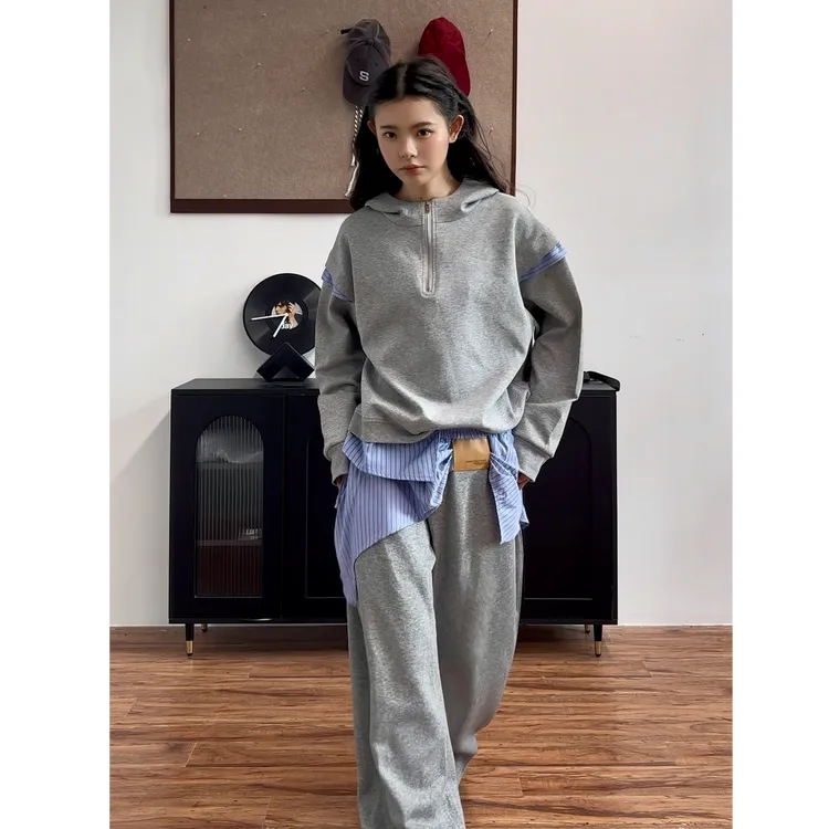 QIUYIDAODI秋季小众假两件拼接条纹套装男女连帽设计感卫衣卫裤