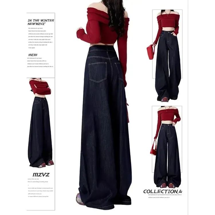 【破价】夏季薄款丹宁蓝色阔腿牛仔裤女设计感百搭高腰宽松b