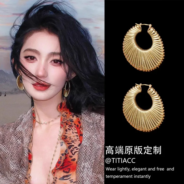 铜合金耳饰 复古夸张金色螺纹编织耳环女轻奢高级感耳钉气质耳饰