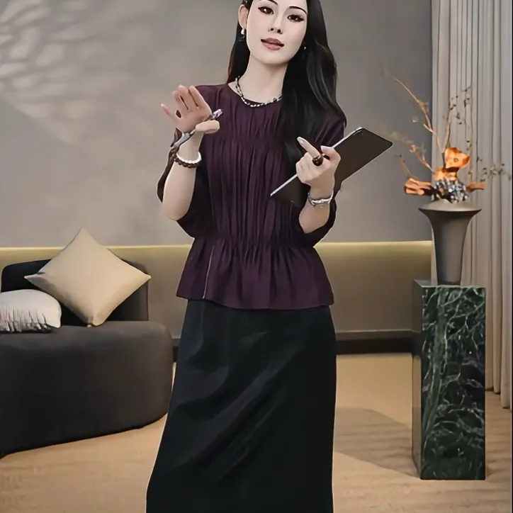 设计感小众轻熟风收腰压褶显瘦时尚百塔紫色上衣女2025年夏季新款