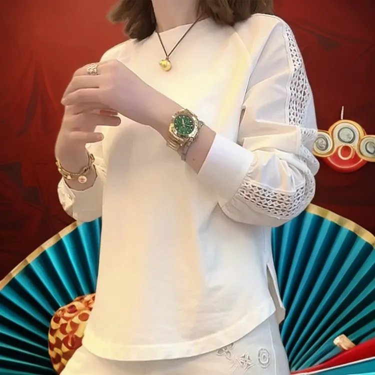 肩膀镂空长袖」春季时尚圆领长袖肩膀镂空设计上衣休闲白色宽松