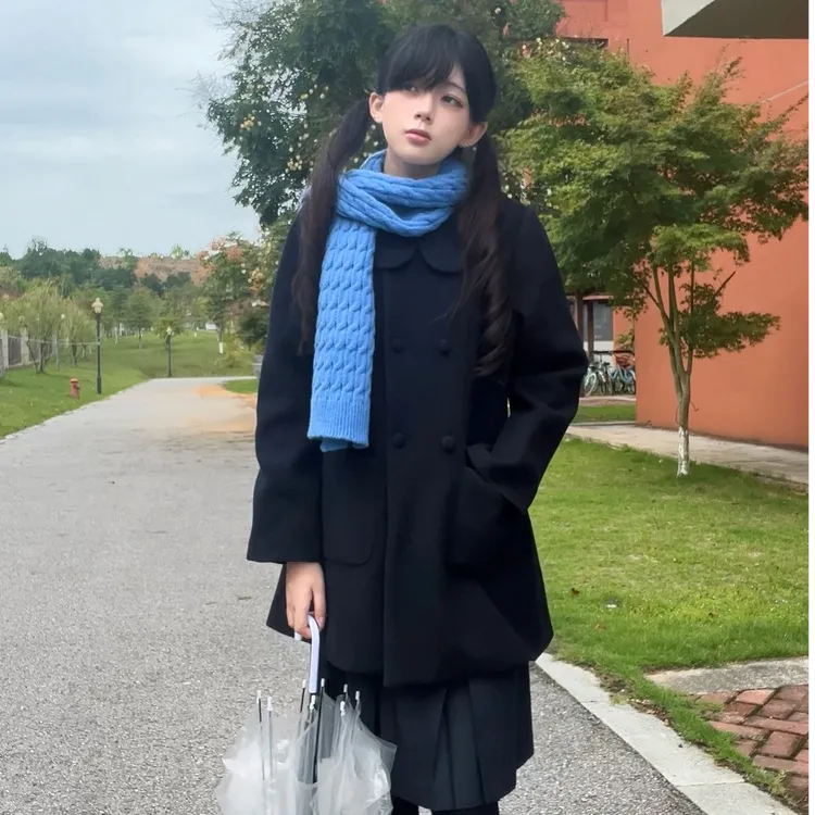 待征名】绒月岛原创jk大衣浓绀色圆领呢子大衣秋冬季百搭短款外套