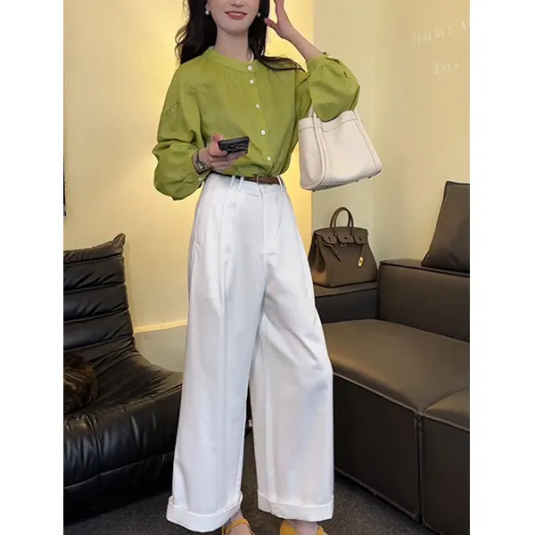 休闲风气质套装女2025春季新款时尚女装宽松长袖衬衫阔腿裤两件套