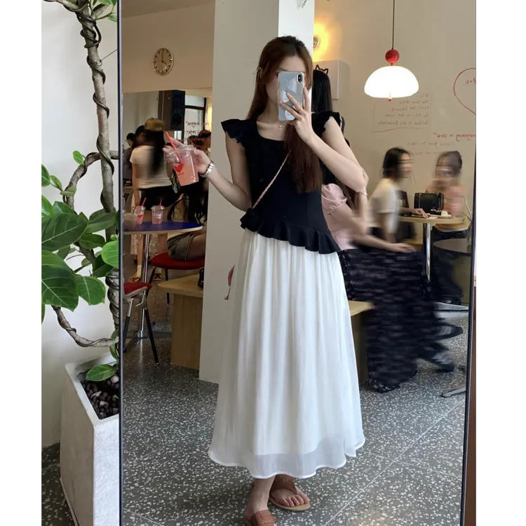 拼接假两件连衣裙女夏季2025新款气质收腰显瘦法式赫本风a字裙子