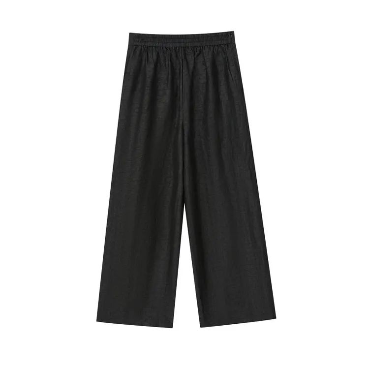 娜姐-龟裂纹桑蚕丝香云纱宽松直筒阔腿裤新款黑色气质裤子