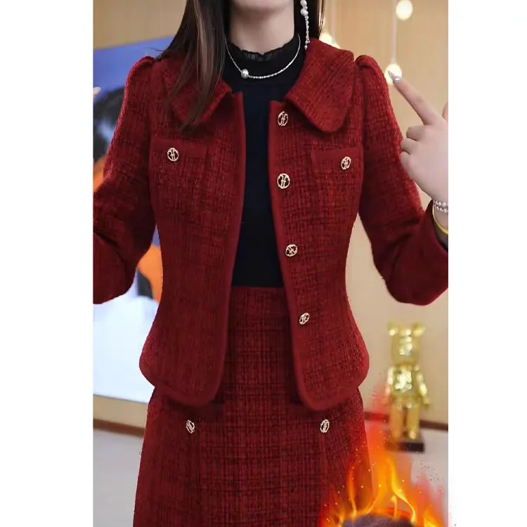 美瑞喜婆婆婚宴装2025新款秋冬加绒加厚红色小香风显瘦套装连衣裙