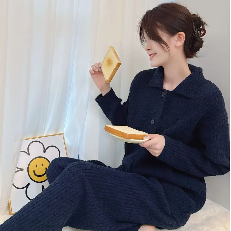 【岁月静好】044时尚慵懒风开衫翻领套装宽松半边绒家居睡衣秋冬款