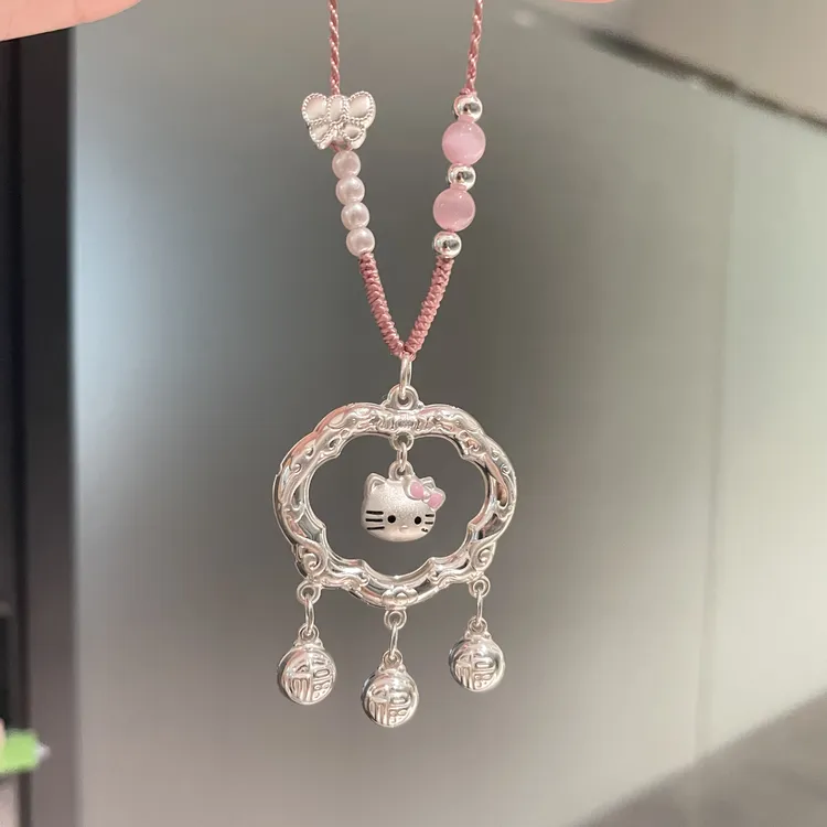 吊坠足银 足银999平安锁吊坠hellokitty凯蒂猫KT猫纯银项链祥云锁