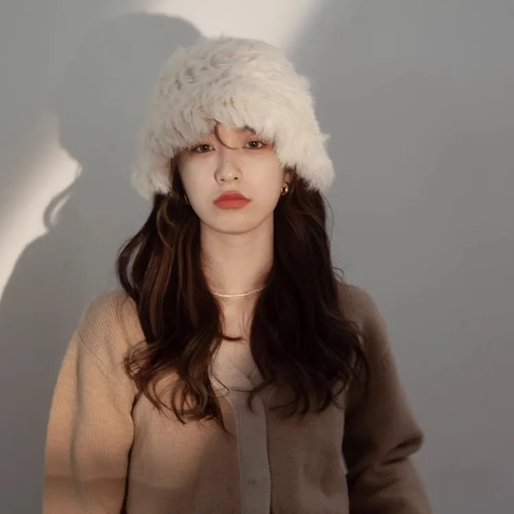 荷叶边兔毛帽子女秋冬季加厚保暖防寒毛线帽显脸小毛绒渔夫帽