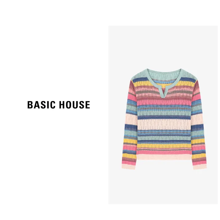 BasicHouse/百家好夏季彩虹撞色时尚女长袖针织衫