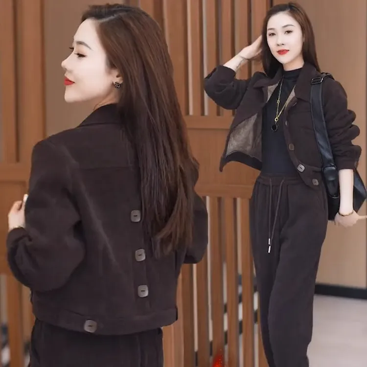 加绒加厚时尚套装女2024冬季新款休闲洋气质减龄小个子显瘦两件套