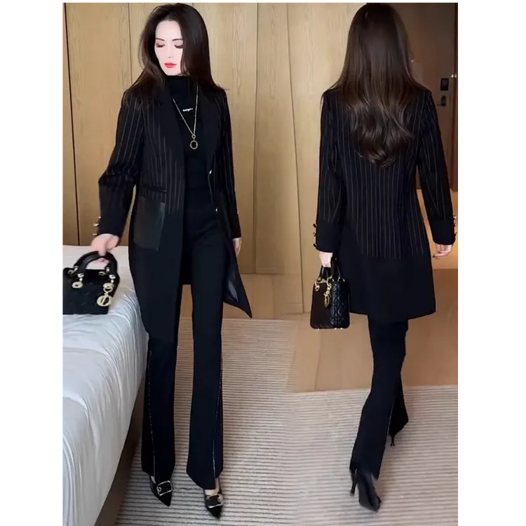 风衣女中长款2024秋季新款洋气质修身显瘦西装领气质拼接条纹外套