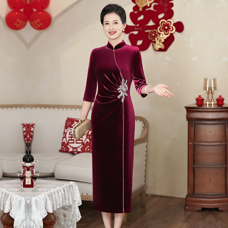 秋冬季长袖高贵喜婆婆婚礼珠绣旗袍大码修身喜妈妈小个子敬酒礼服