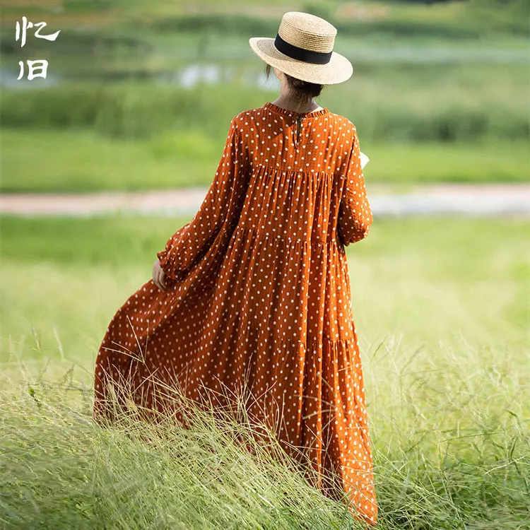 【日落回信】文艺波点长袖连衣裙女秋季2024新款宽松减龄拼接长裙