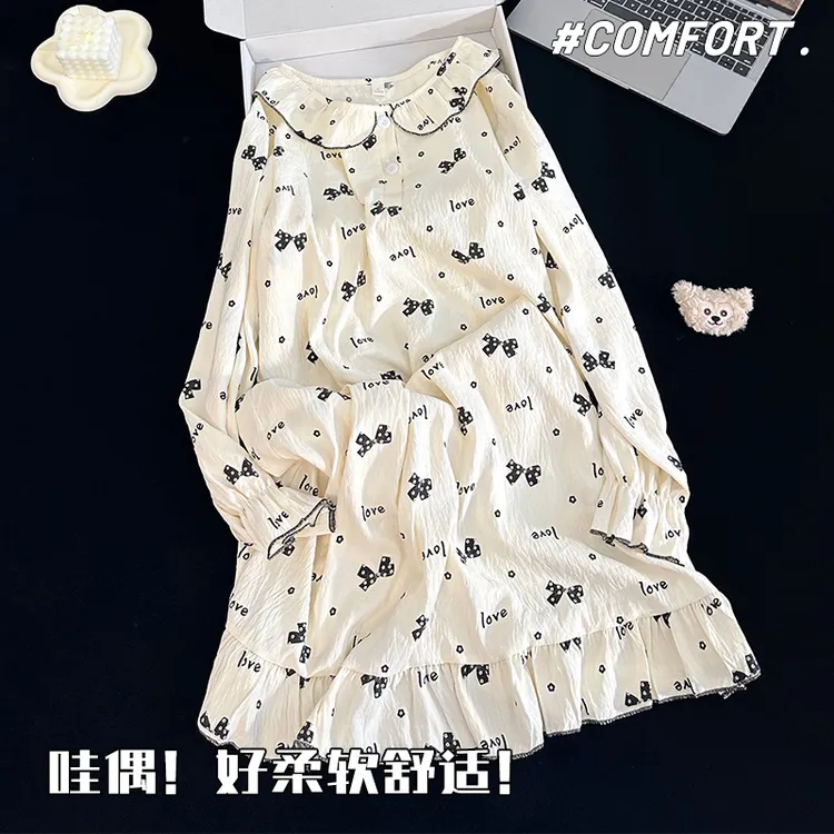 春秋季睡裙女高级感娃娃领蝴蝶结2025新款宽松学生睡衣家居服冬天