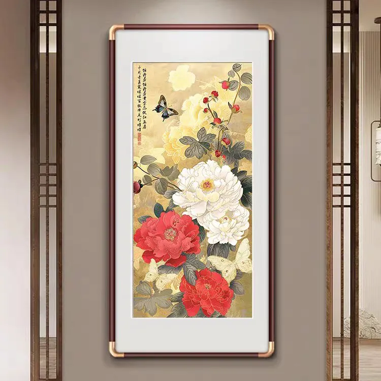 花开富贵新中式入户玄关装饰画寓意好牡丹花走廊过道挂画禅意壁画