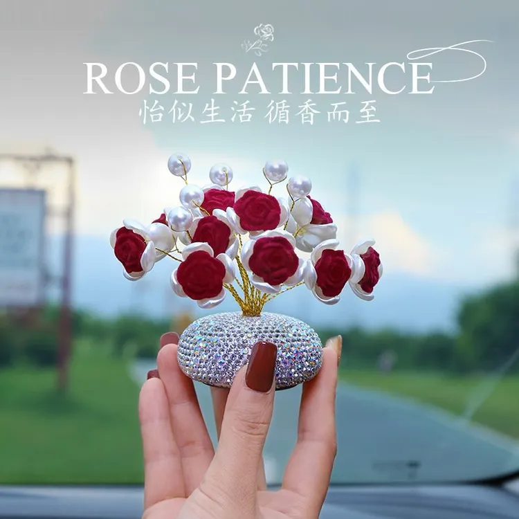 仿真手工植绒浪漫优雅玫瑰花创意车内高档饰品车载手工摆件香薰