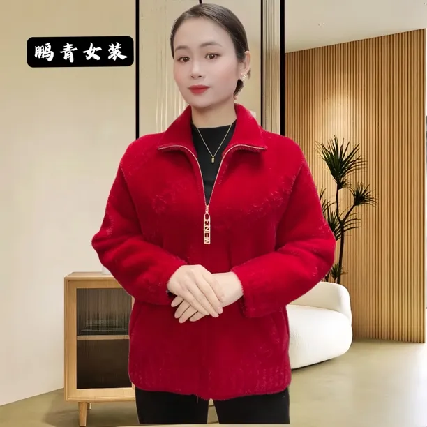 秋冬加绒双面立领女士休闲百搭拉链衫外套