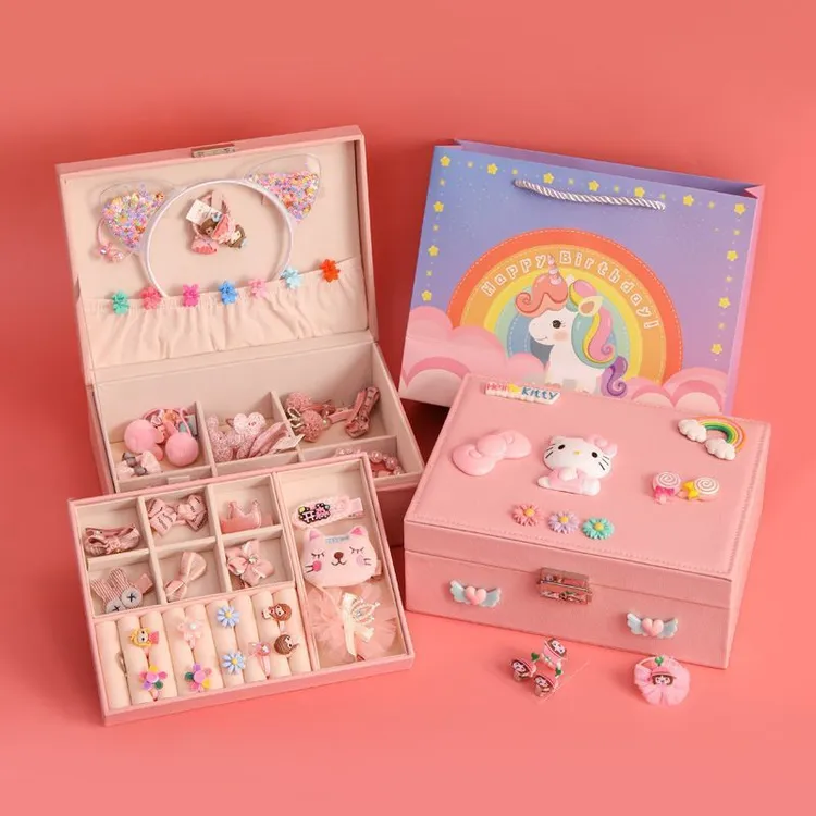 Hello Kitty首饰盒发夹收纳盒KT猫双层PU发卡盒公主可爱女孩礼物