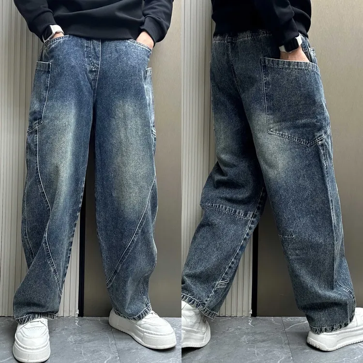 潮牌2024美式休闲弯刀牛仔裤男秋季时尚痞帅多口袋宽松直筒工装裤