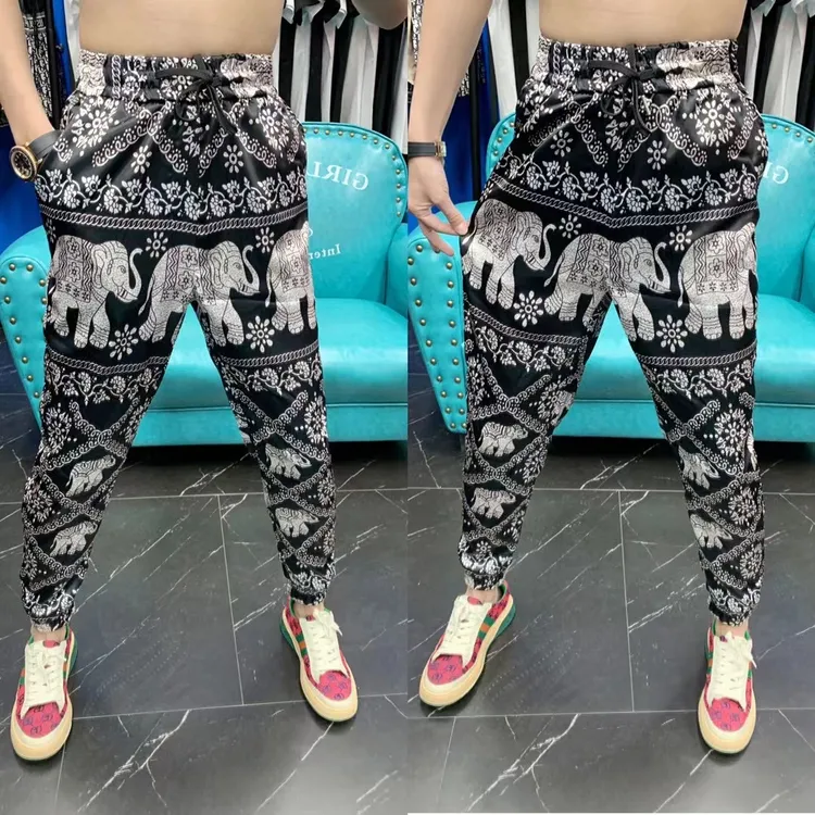 夏季新款速干透气冰丝休闲裤男士潮流薄款大象花九分小脚裤沙滩裤