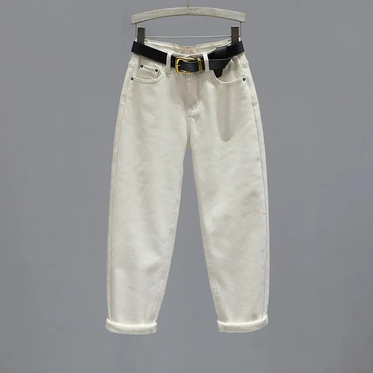 米白色显瘦牛仔裤女款2025冬季加绒加厚高腰宽松哈伦萝卜老爹裤子