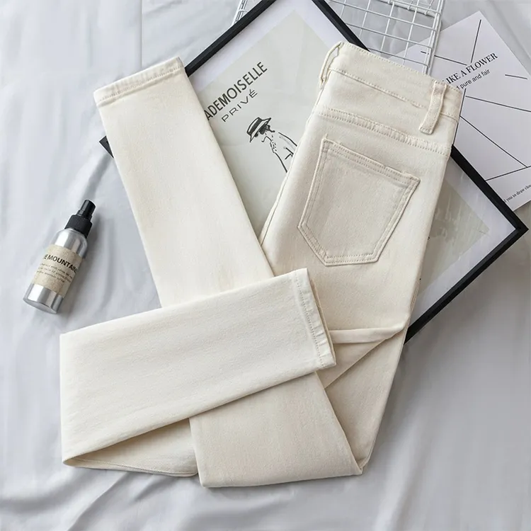 杏色弹力小脚牛仔裤女款2025年秋冬季显瘦高腰百搭紧身九分铅笔裤