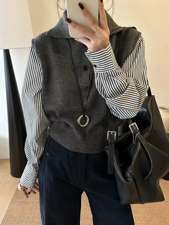 路路家韩版秋冬系扣高领拼接条纹袖慵懒修身气质显瘦假两件上衣