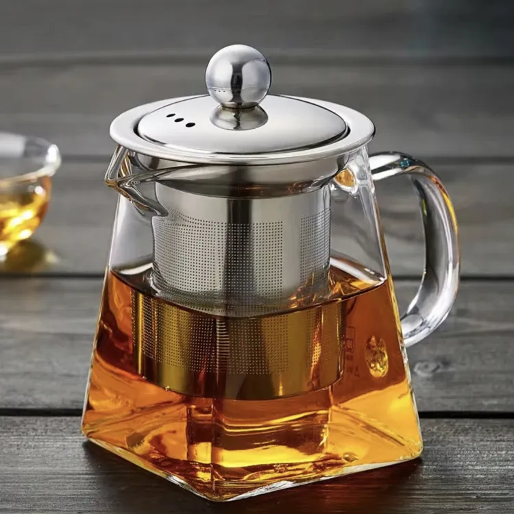 透明天圆地方泡茶壶高硼硅耐热复古不锈钢过滤内胆四方煮茶泡茶壶