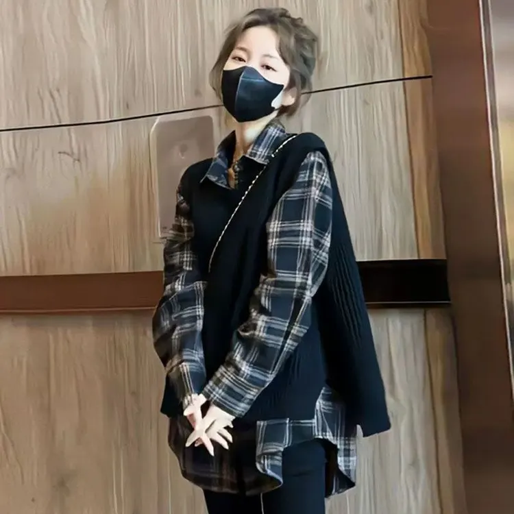 黑白格子衬衫黑色针织马甲两件套女2025秋季新款韩系百搭叠穿上衣