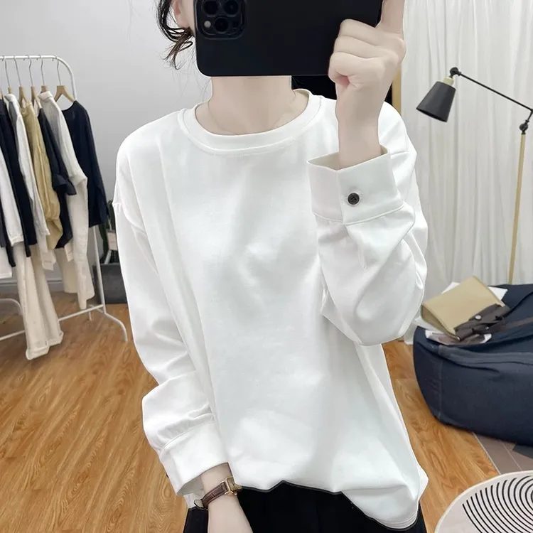 秋装港风复古设计纯棉长袖T恤女袖子纽扣上衣2025新款圆领打底衫