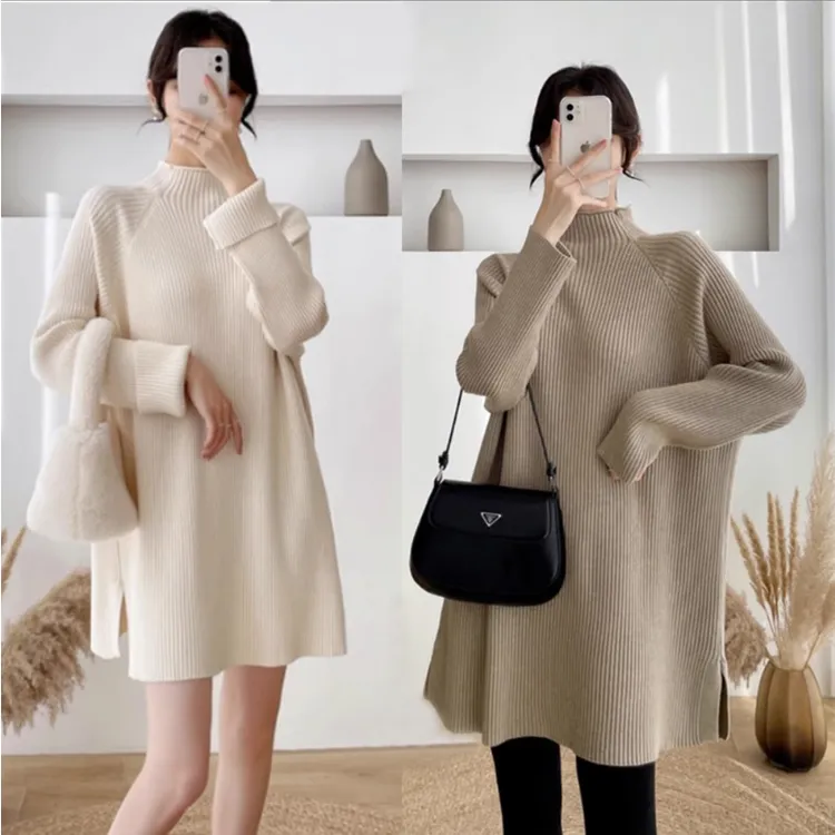 孕妇中长款毛衣秋冬装孕期韩版宽松半高领软糯内搭打底针织衫冬季