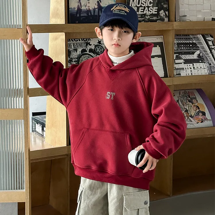 冬季儿童加绒连帽卫衣一体绒年服喜庆红中大童高品质街舞潮牌洋气