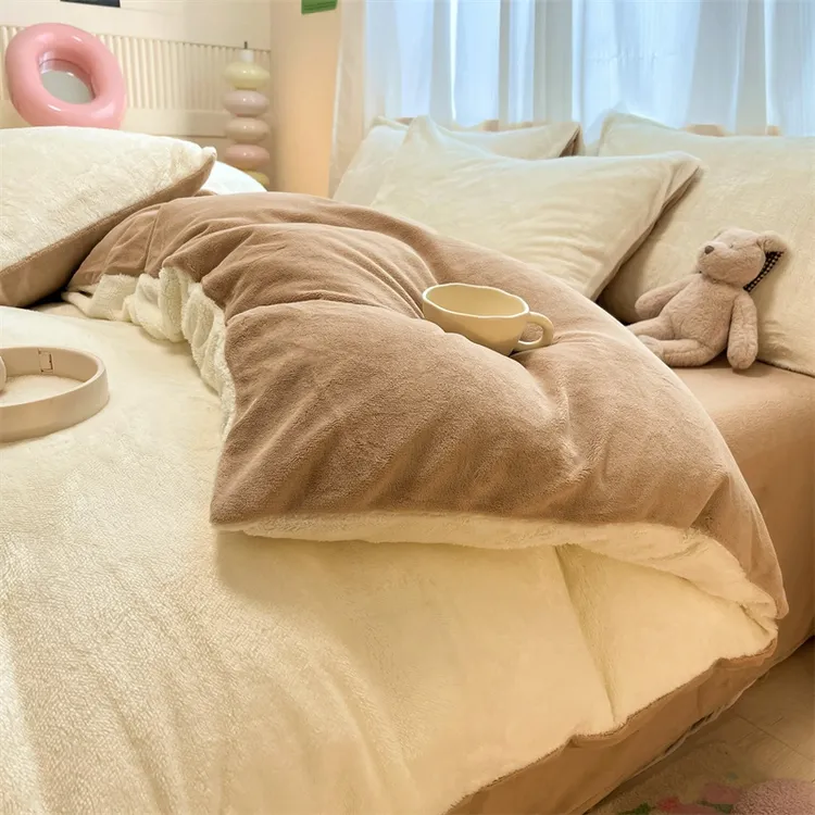 冬季牛奶绒床上四件套床单被套被罩毛绒加绒加厚保暖珊瑚绒三件