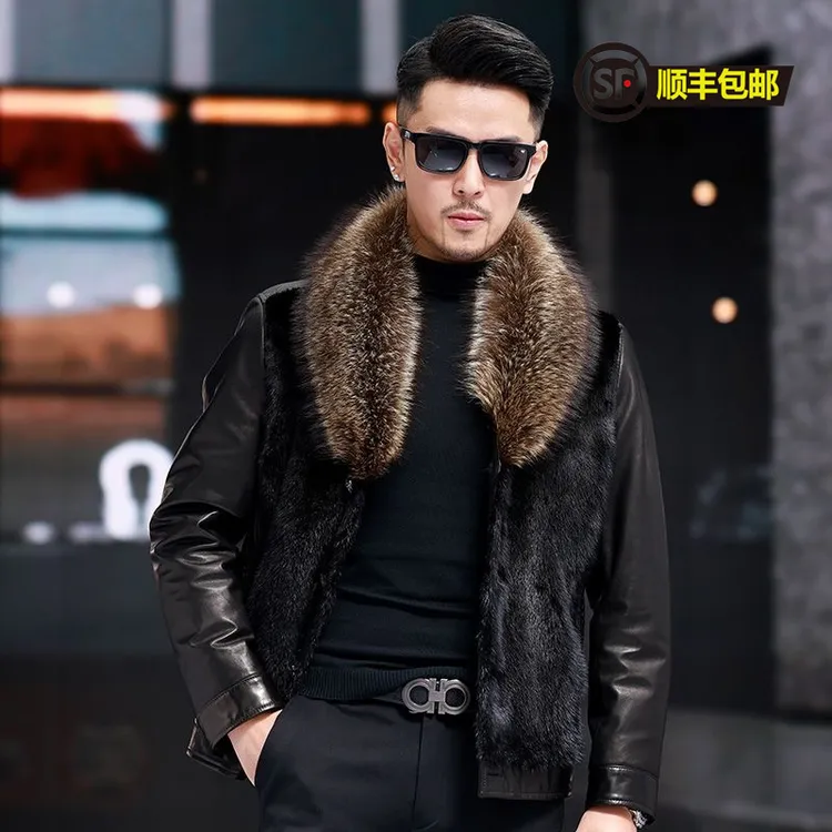 【宝佳龙】整貂进口貂油蜡小山羊皮鹅绒内胆大毛领男士皮草外套