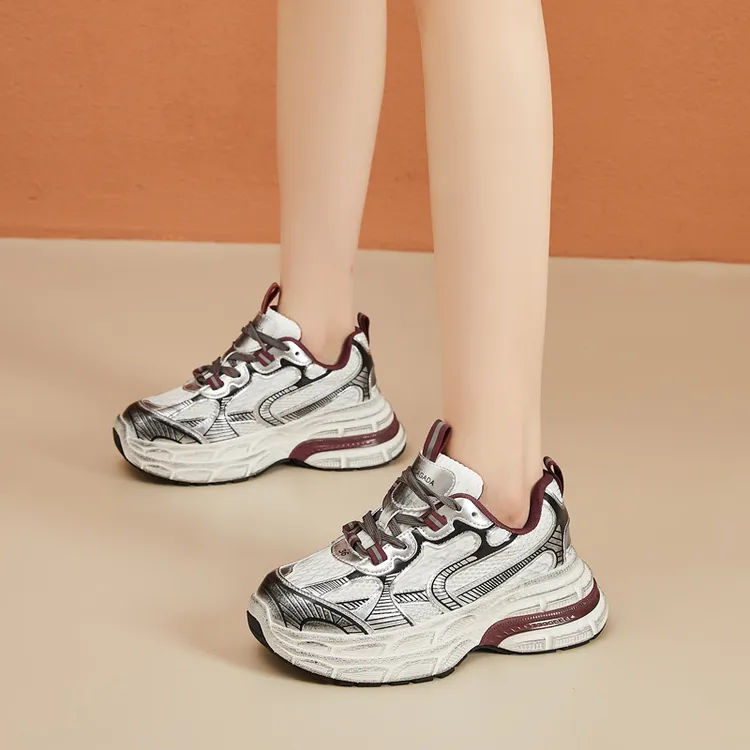 银色厚底增高老爹鞋女透气网面时尚运动休闲鞋