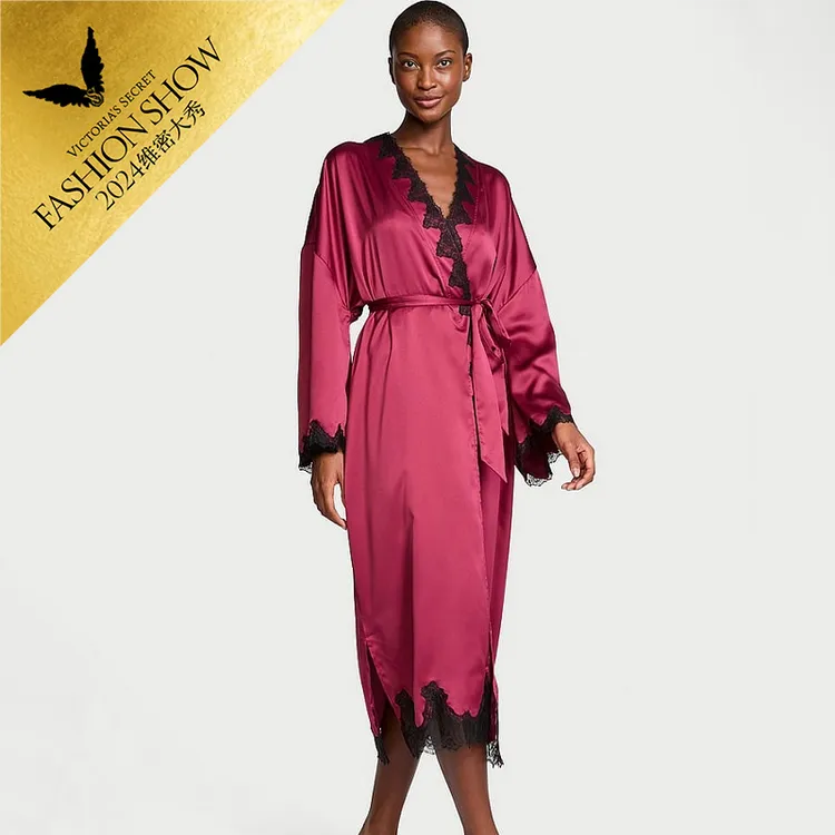 【2024维密大秀系列·蕾丝拼接睡袍】缎面优雅露背长款系带宽松浴袍