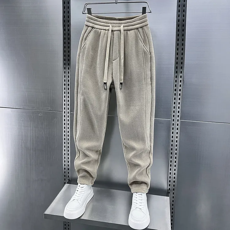 2025冬季新款条绒时尚加绒休闲裤男士宽松小脚条绒卫裤运动男长裤