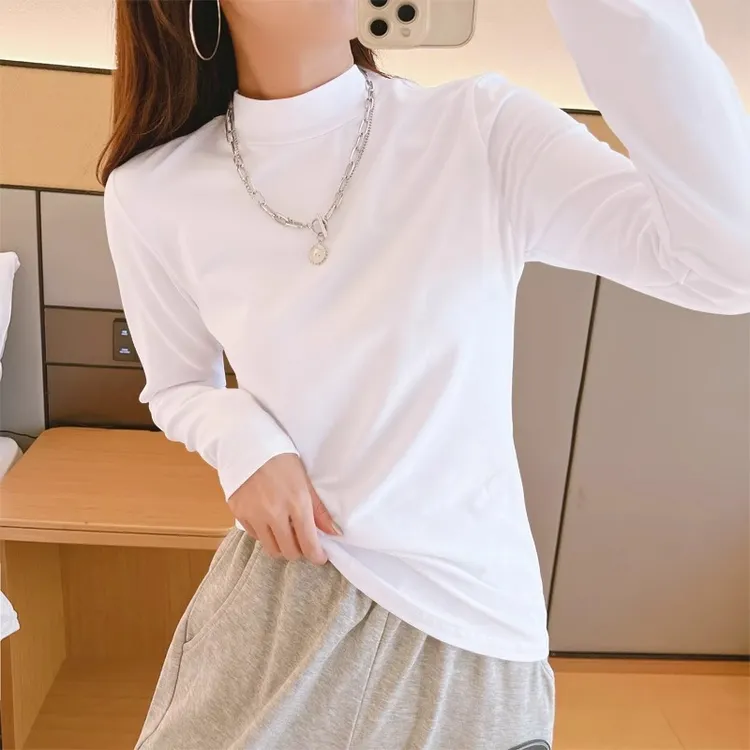 纯棉半高领白色打底衫女春秋内搭2026年新款长袖中领t恤修身上衣