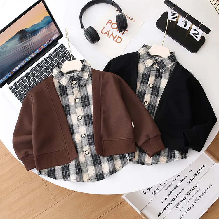 童装男童假两件衬衣加绒秋冬秋装新款儿童长袖中大童爆款上衣韩版