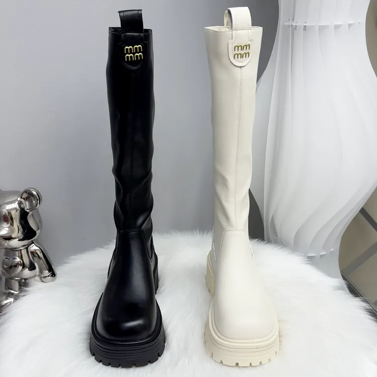 高筒靴胖妹妹大筒围增高厚底长靴子后拉链字母印花弹力瘦瘦骑士靴