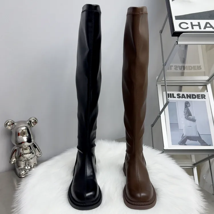 胖妹妹薄底高个子过膝靴女平跟百搭英伦风骑士靴女圆头女长靴冬季