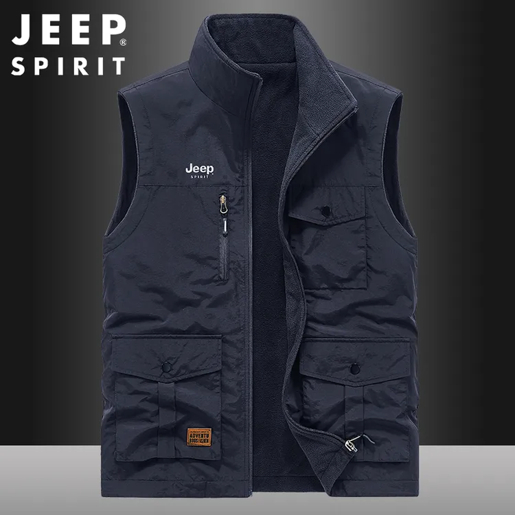 JEEP吉普加绒马甲男秋冬宽松休闲背心外套多袋双面穿工装马夹坎肩